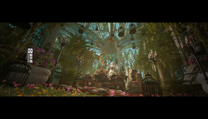 Genshin Impact: Qiqi in a greenhouse with birds and books