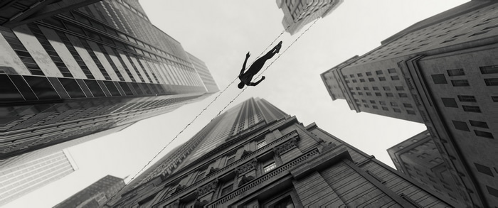 Spider-Man swings between skyscrapers in New York City