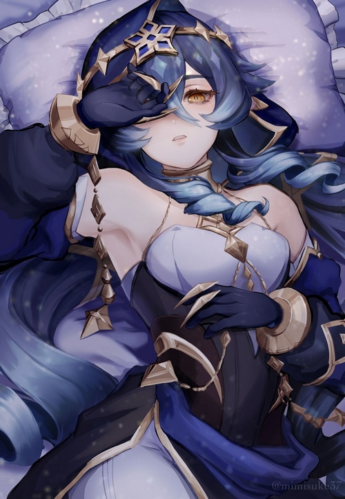 Layla from Genshin Impact lying on a pillow
