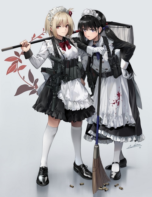 Lycoris Recoil Fan Art: Two Maids with Weapons