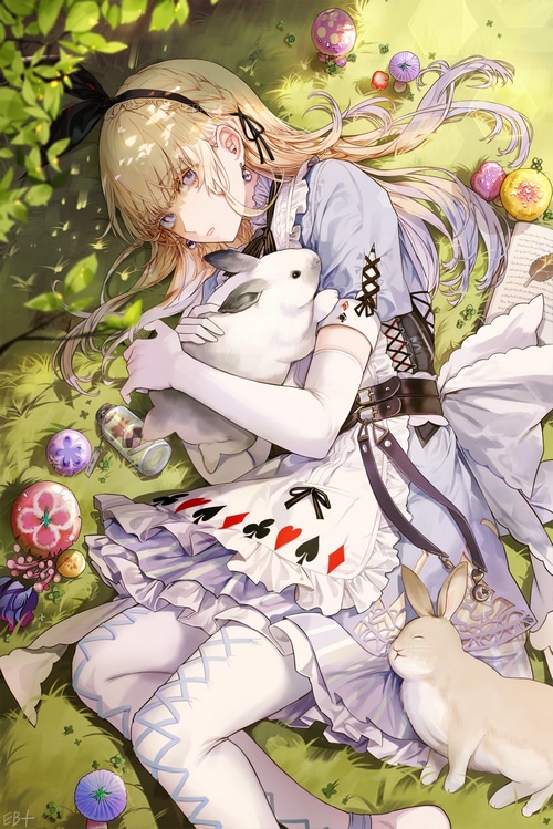 Alice in Wonderland with rabbits and mushrooms