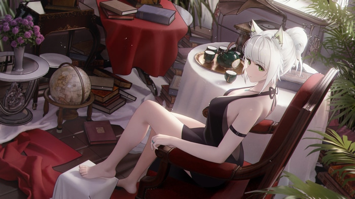 4K Arknights Kaltsit in a chair with tea set