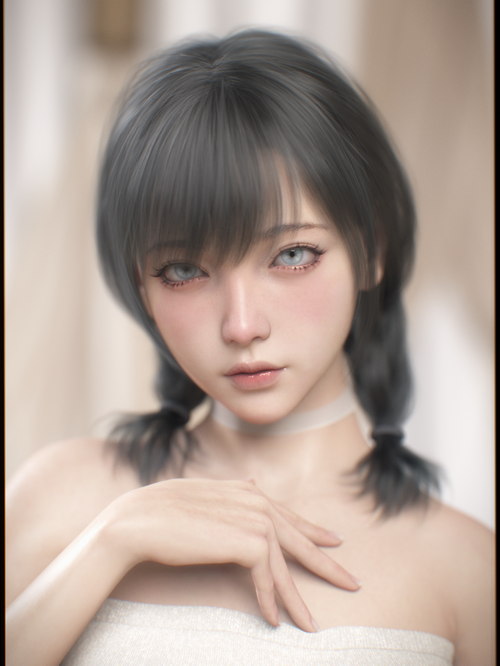 Asian woman with twintails and blue eyes