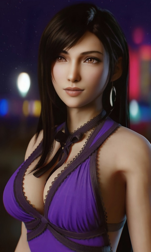 Tifa Lockhart in a purple dress at night