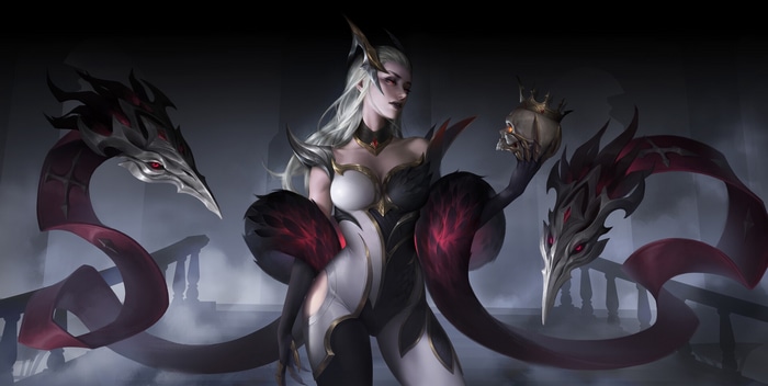 Fantasy woman with dragon-like serpents and a skull