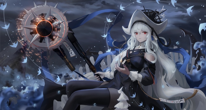 Specter from Arknights with a large weapon
