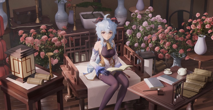 Genshin Impact Ganyu reading a book among flowers