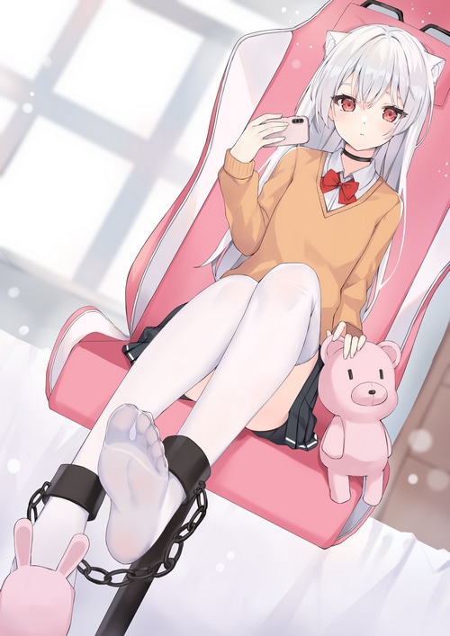 Cat girl with white hair and ankle cuffs holding a phone