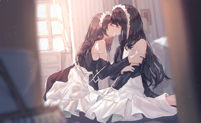 4K Yuri: Two women in maid outfits kissing