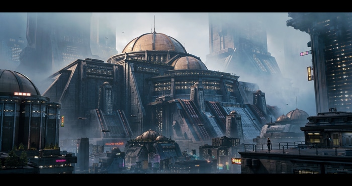 4K futuristic city with large buildings