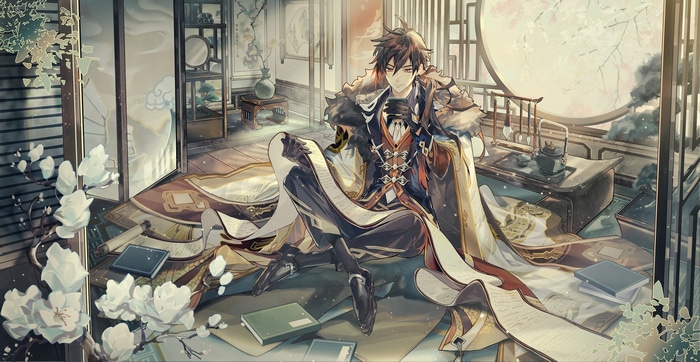 Genshin Impact Zhongli sitting with scrolls and books