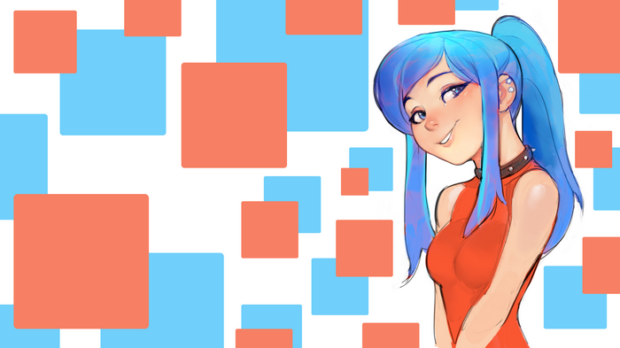 Girl with blue hair and red shirt