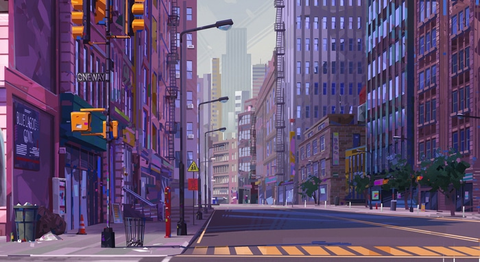 Empty New York City street with buildings and street lights