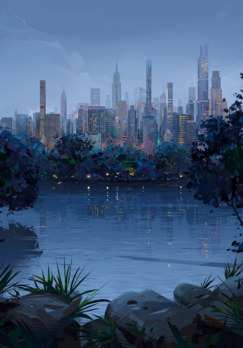 New York City skyline reflected in water at dusk