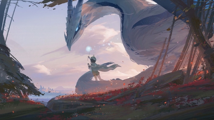Venti and a large white dragon in a forest