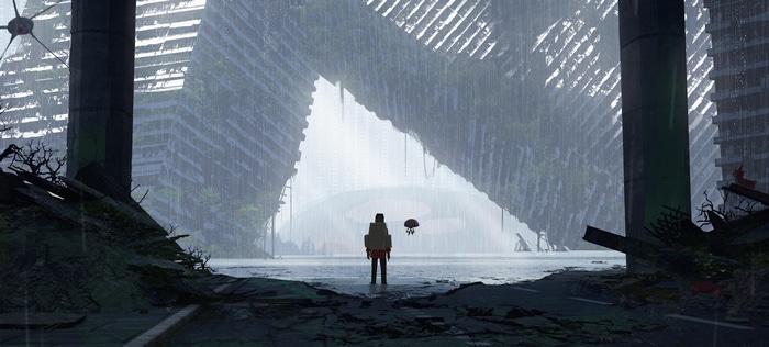 Pokémon in ruins during a rainstorm