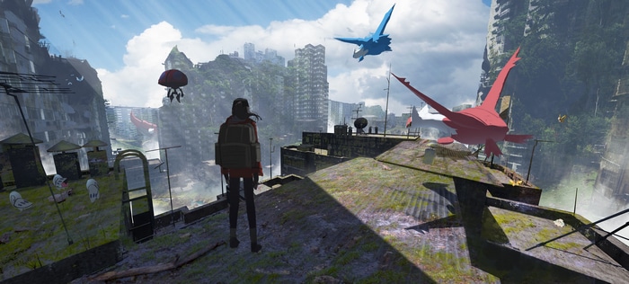 Girl and flying Pokémon in ruined city
