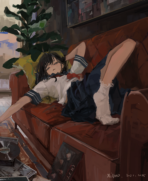 Schoolgirl lying on a couch with records