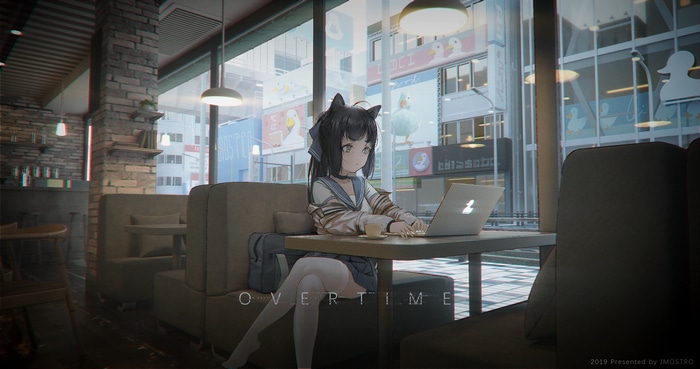 4K Overtime Cat Girl with Laptop