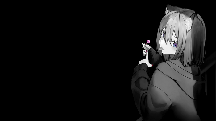 Anime girl with fox ears eating a lollipop