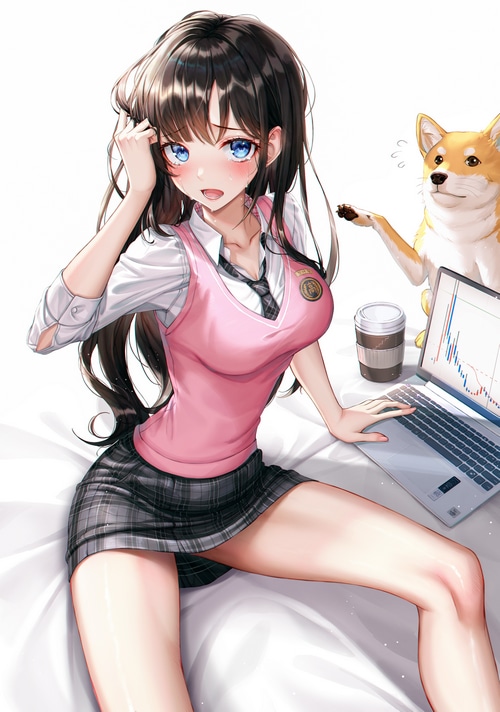 Anime girl with dog and laptop