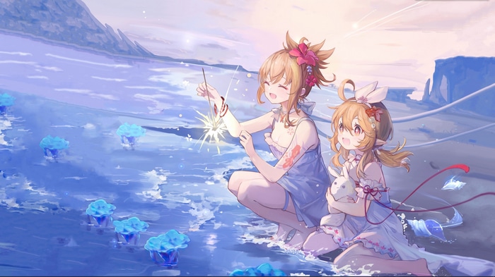 Yoimiya and Klee on a beach with sparklers