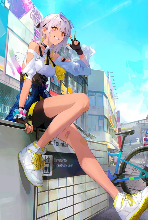 Anime girl with sunglasses and sneakers sitting by a bicycle