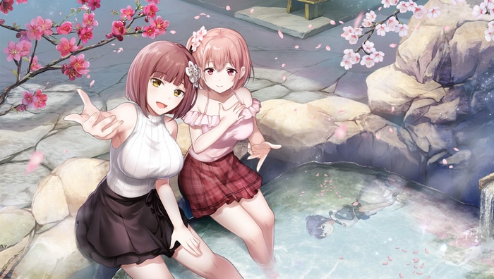 Two girls relaxing in a hot spring with cherry blossoms