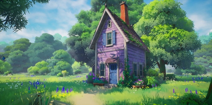 Purple house in a sunny meadow with trees