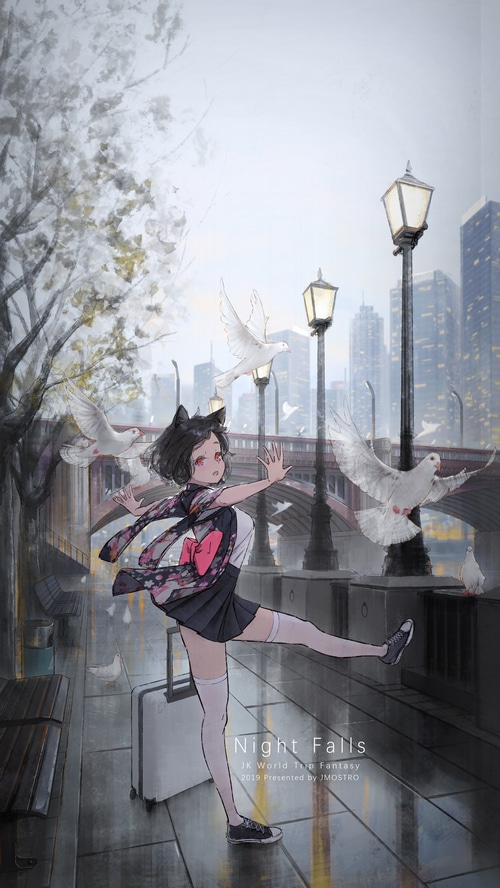 Anime girl with cat ears and suitcase in a city with birds