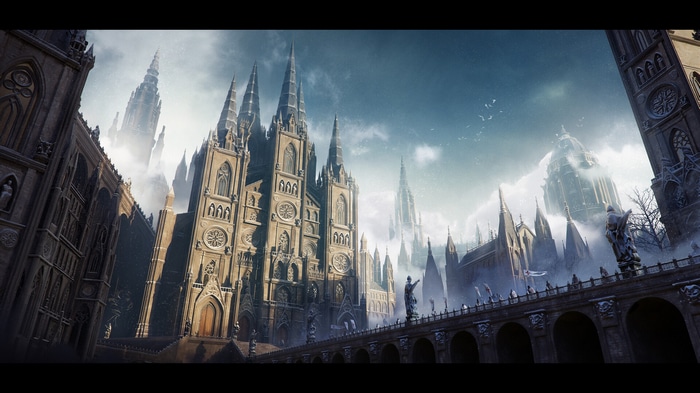 Gothic cathedral architecture with spires and clouds