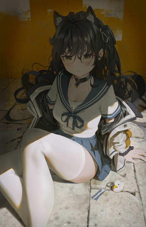 Cat girl in school uniform with cat ears and collar
