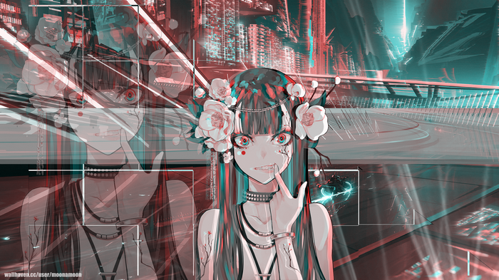 Cyberpunk girl with flowers in futuristic city