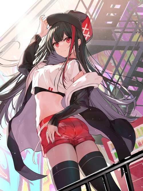 Anime girl with red eyes wearing a hat and shorts