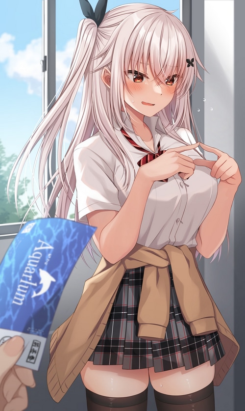 Anime girl in school uniform holding aquarium ticket