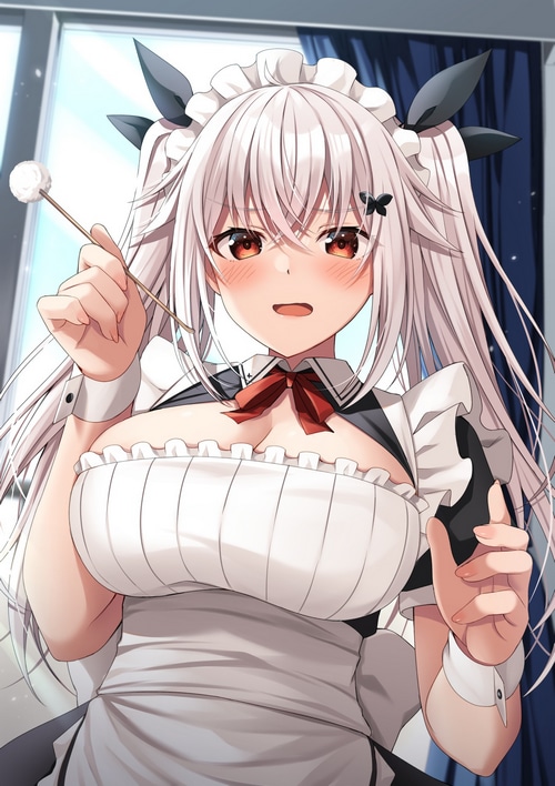 Etna in a maid outfit holding a cotton swab