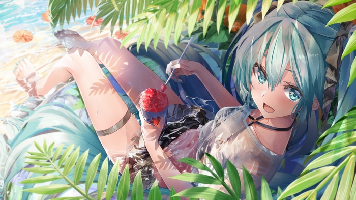 Anime girl with blue hair and blue eyes eating shaved ice
