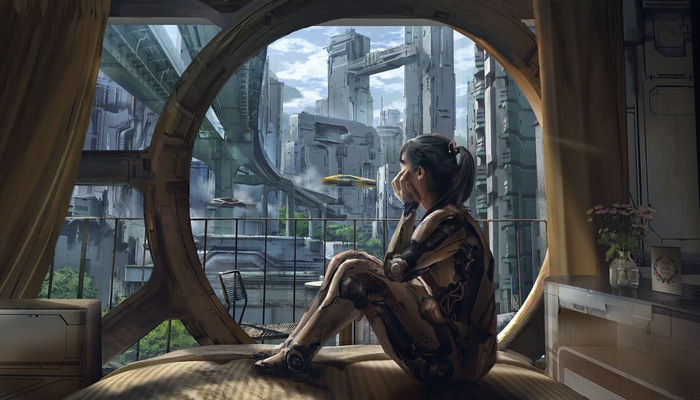 Cyborg woman looking out window at futuristic cityscape