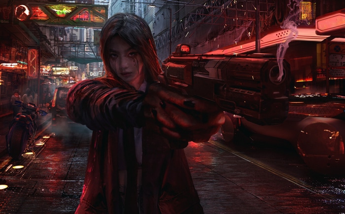 Woman with a gun in a dark city street