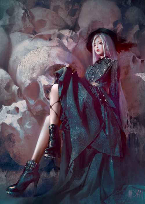 ILLDIAN witch in black dress with skulls