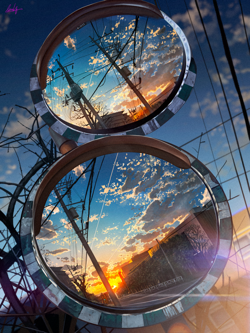 Sunset reflected in convex mirrors with power lines and clouds