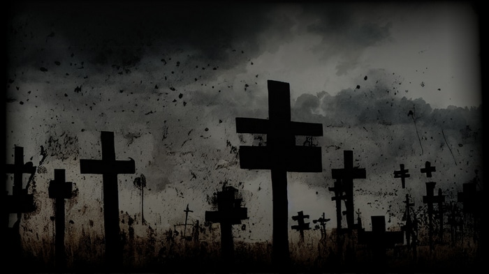 Graveyard with crosses and stormy sky