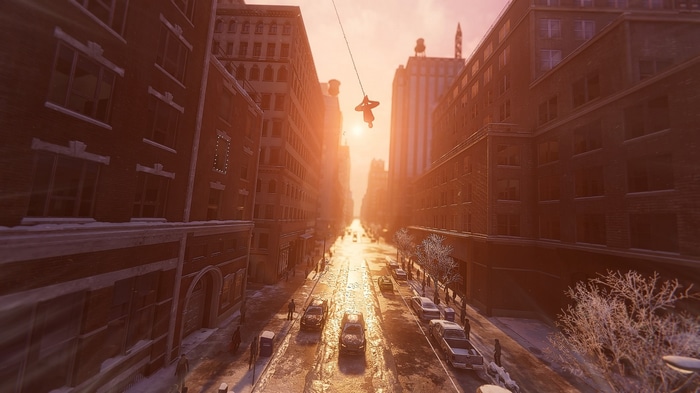 Spider-Man swinging through a snowy New York City at sunset