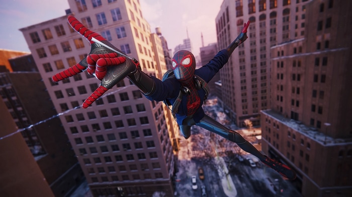 Miles Morales swinging through a city