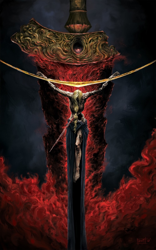 Elden Ring character crucified on a sword