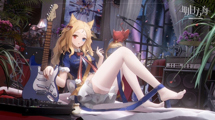Arknights character with blonde hair and animal ears holding a guitar