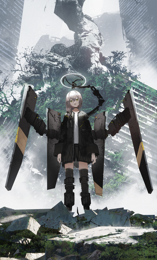 Girl with mechanical wings in a ruined city