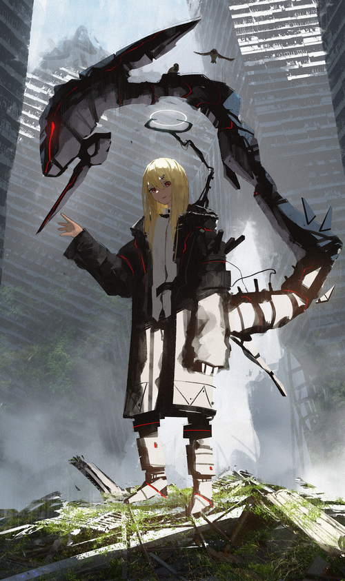 Girl with robotic dragon in ruined city