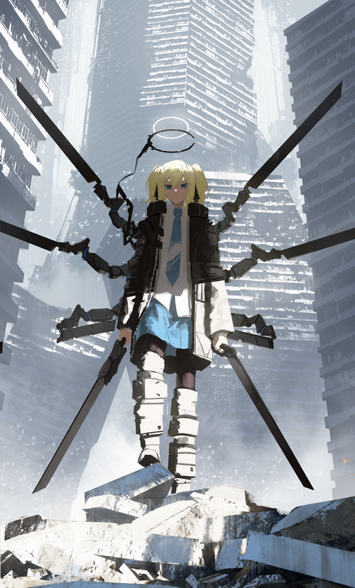 Anime girl with mechanical arms and swords in ruined city