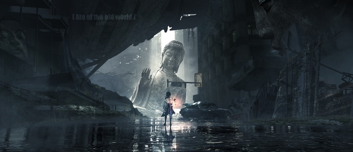 4K Xiao in ruined city with Buddha statue